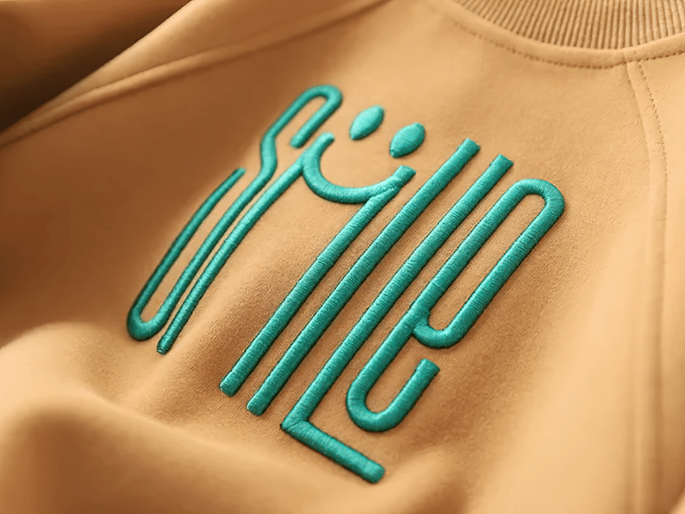 Close-up of SMILE graphic on a beige kids' sweatshirt with cozy fabric and trendy print.