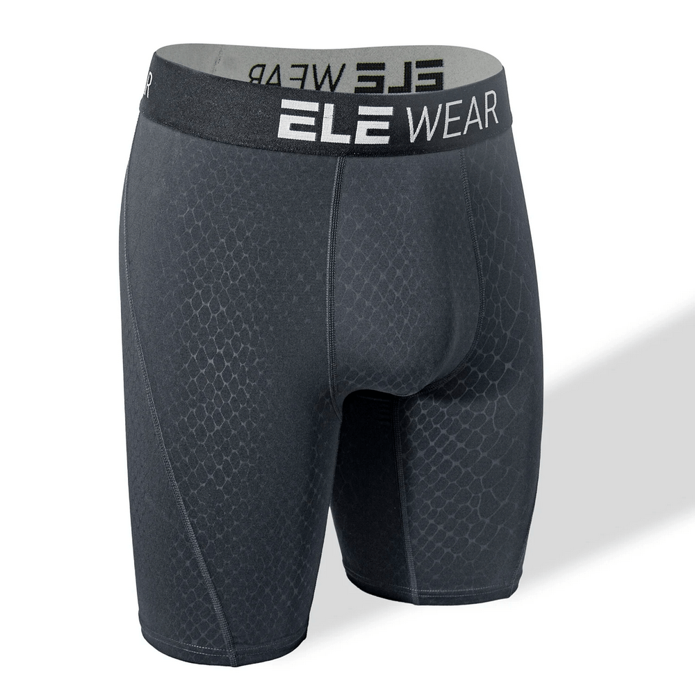 Snake Print Textured Long Boxer Briefs for Men - SF4747 in black with a sleek reptile pattern and contrast waistband.
