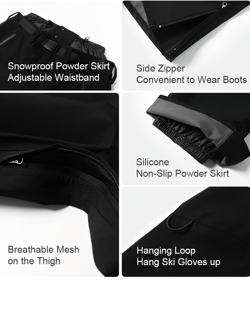 Close-up of black snow pants features including adjustable waistband, zippered leg, non-slip skirt, breathable mesh, and glove loop.