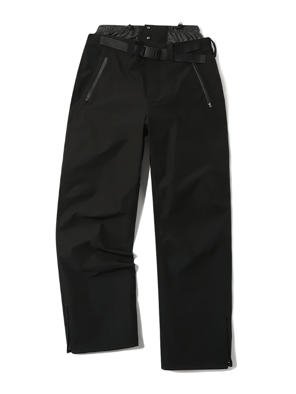 Waterproof insulated snow pants with adjustable belt and zippered hems, perfect for skiing and outdoor winter activities.