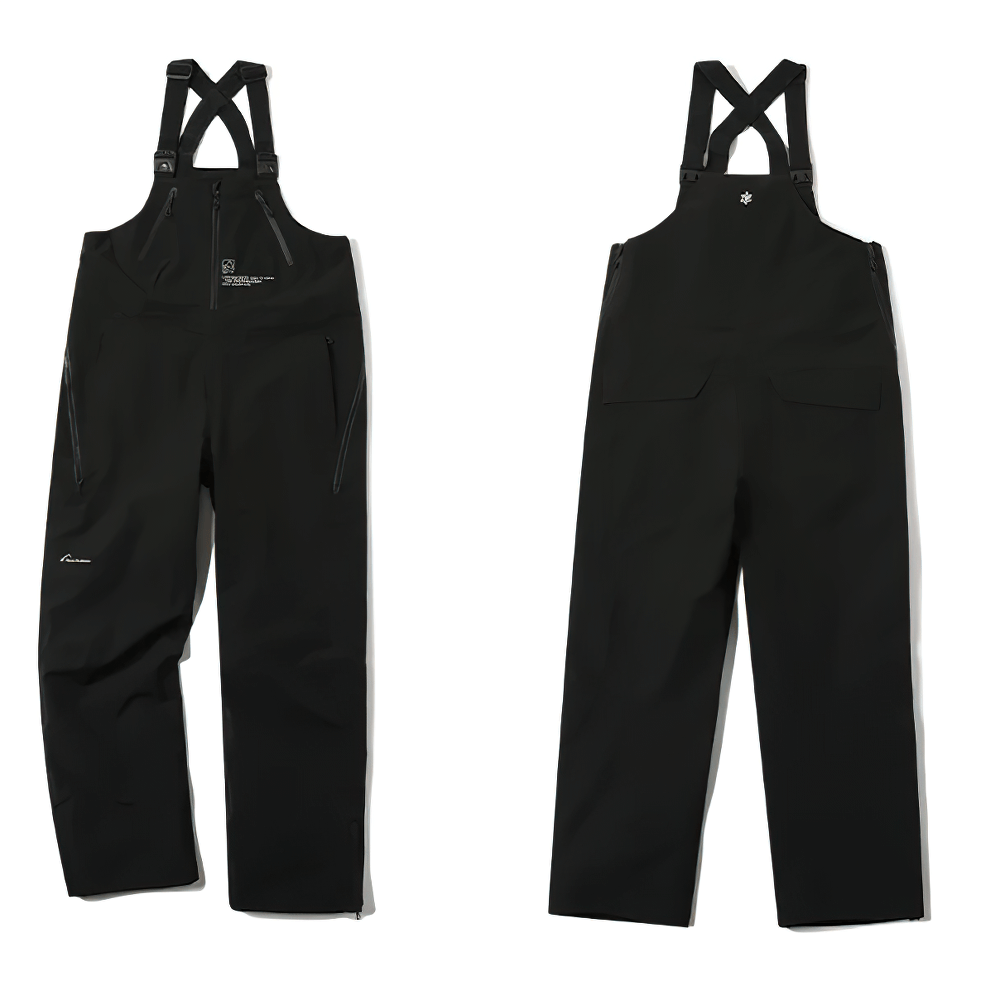 Black snowboard bib pants with adjustable straps and side zippers. Features insulated construction and breathable thigh mesh.