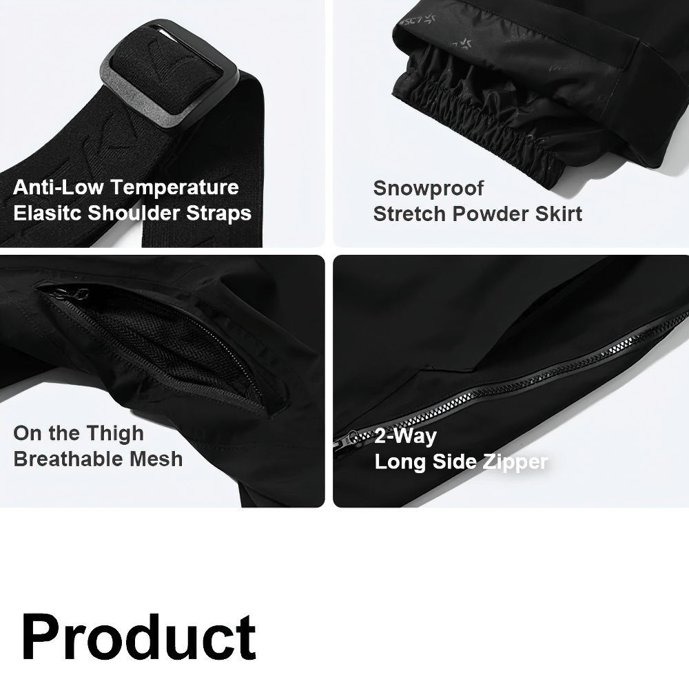Close-up details of Snowboard Bib Pants SF2474: elastic shoulder straps, stretch powder skirt, breathable mesh, and long side zipper.