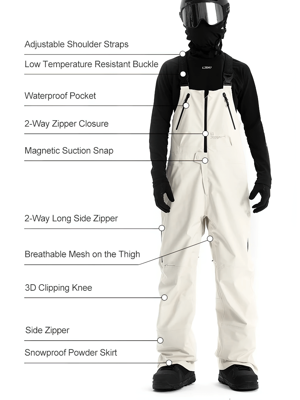 White snowboard bib pants with adjustable straps, waterproof pockets, and 3D knee design for ultimate snowproof protection.