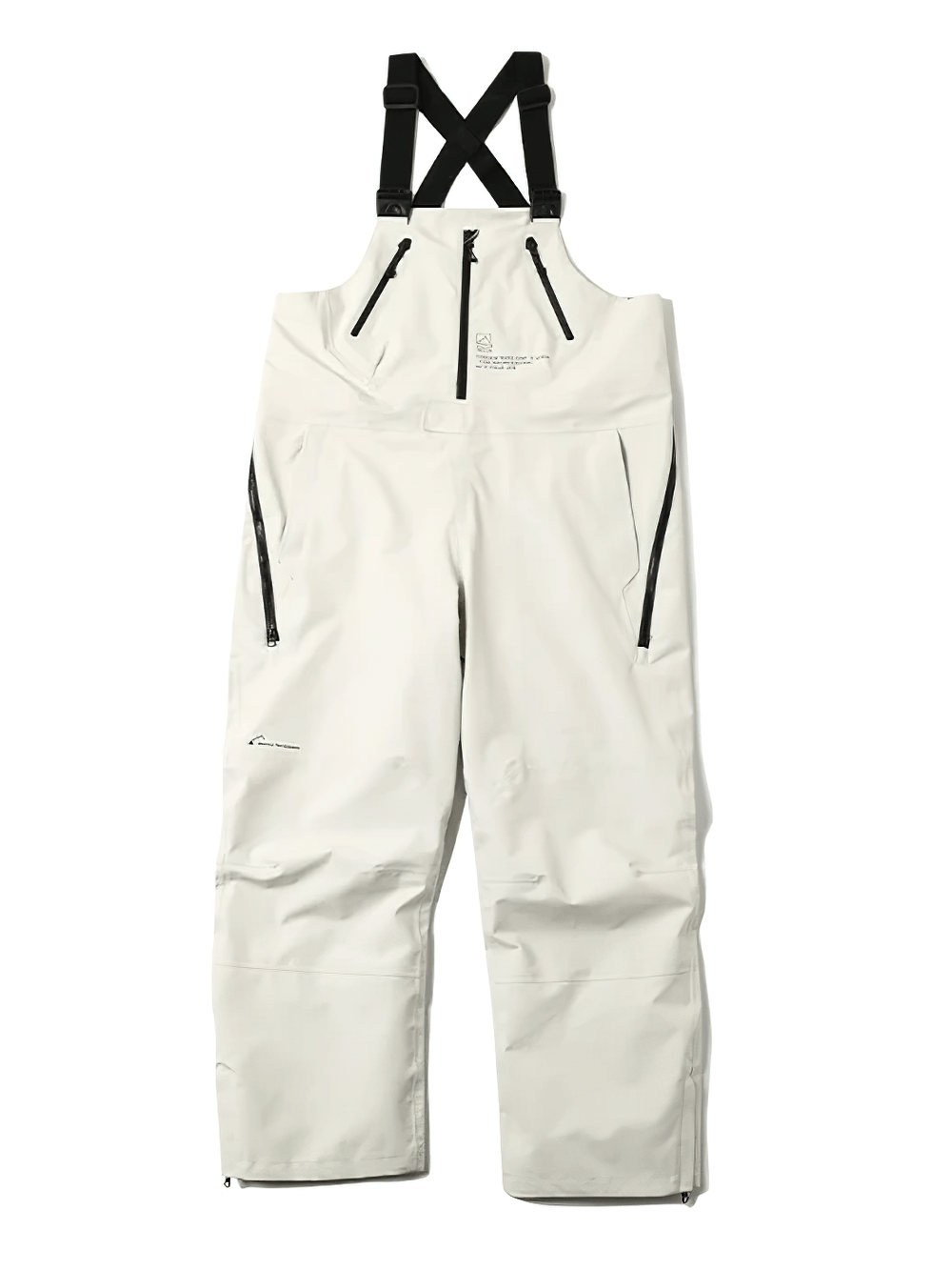 White snowboard bib pants with adjustable straps, waterproof and insulated, featuring zipper pockets and a sleek design for performance.