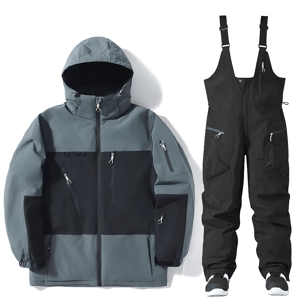 Men's waterproof snowboard jacket and bib pants set in grey and black, ideal for winter sports like skiing and snowboarding.