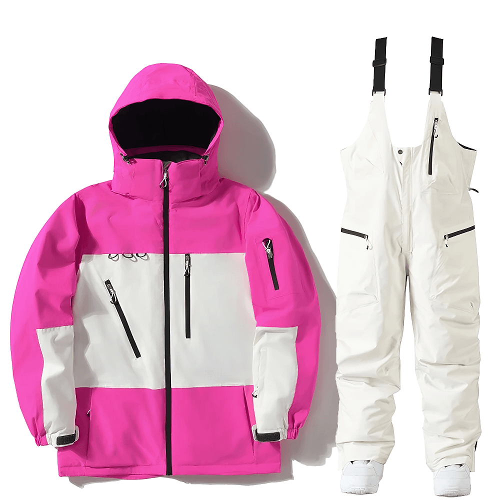 Men's waterproof snowboard jacket and bib pants set, featuring windproof design, pink and white color, ideal for winter sports.