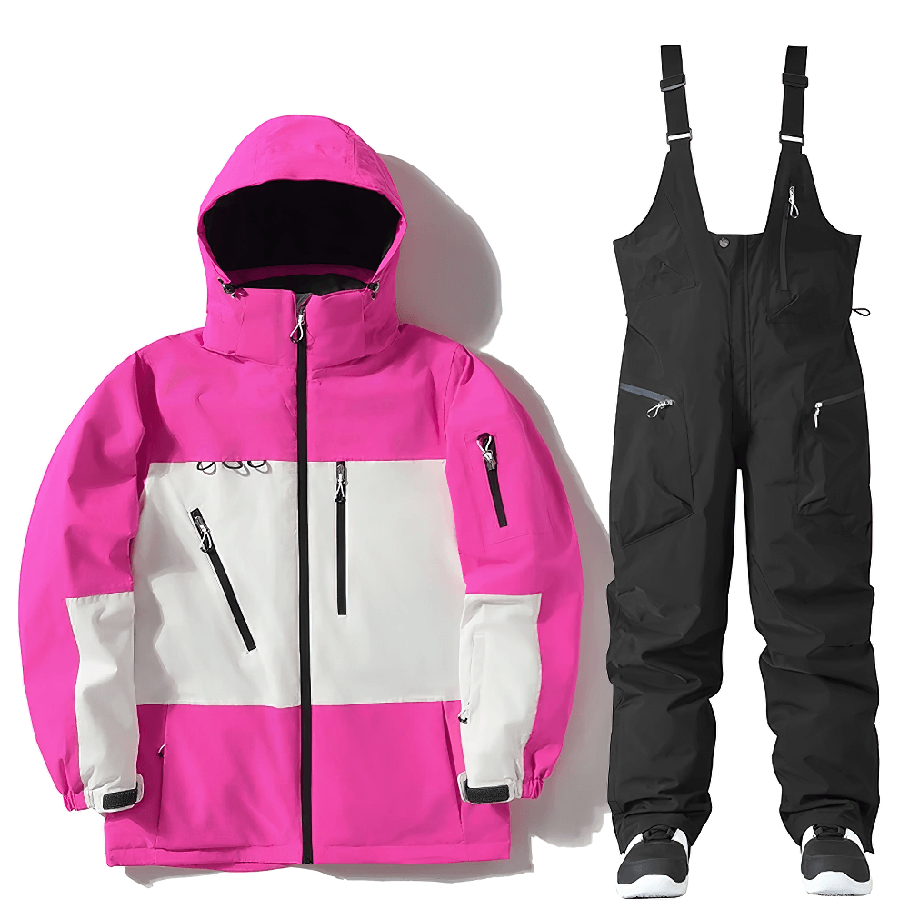 Men's waterproof windproof snowboard jacket and bib pants set in pink and black for ski and snow sports - style SF2555