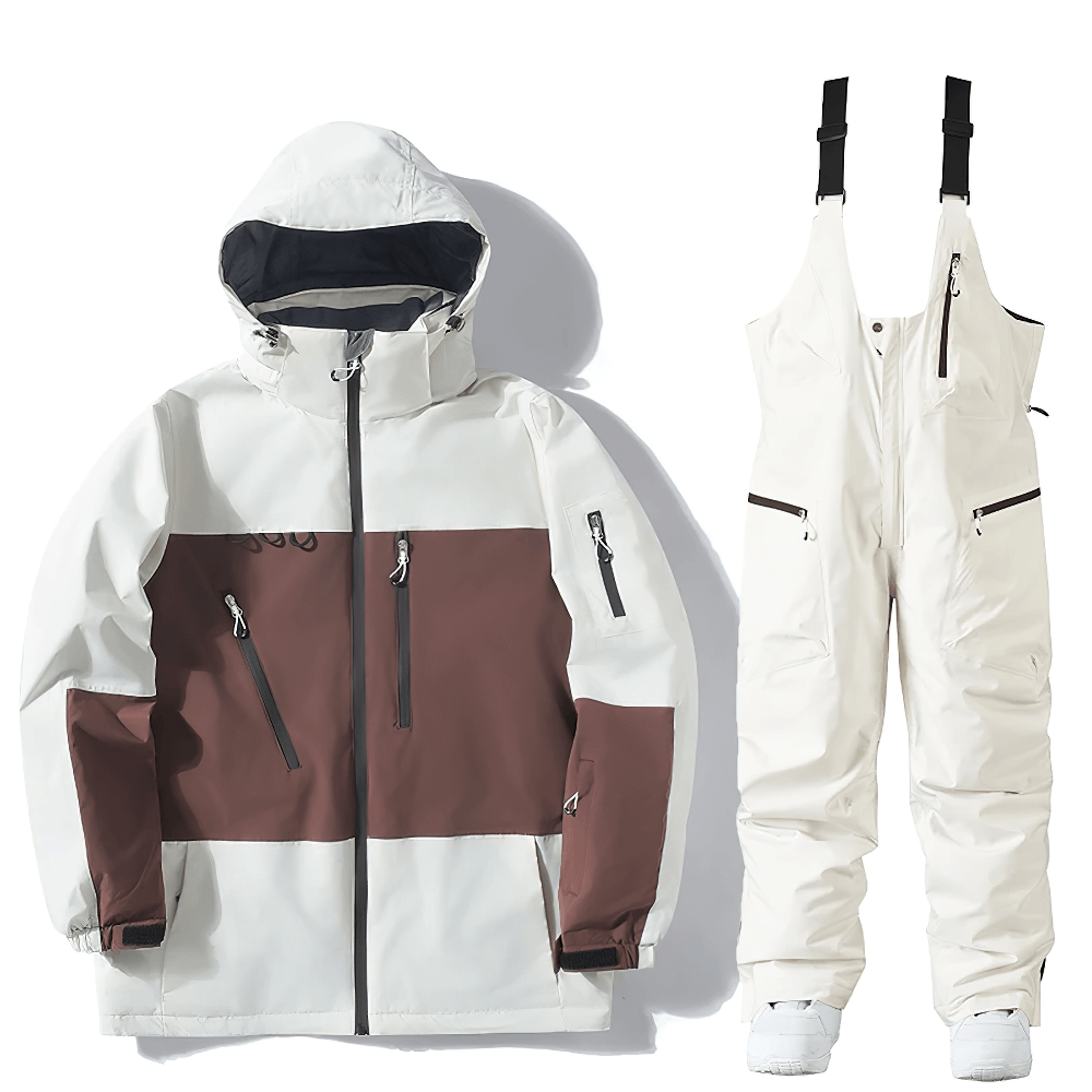 Men's waterproof snowboard jacket and bib pants set in white and brown, perfect for skiing and snowboarding. Model SF2555.