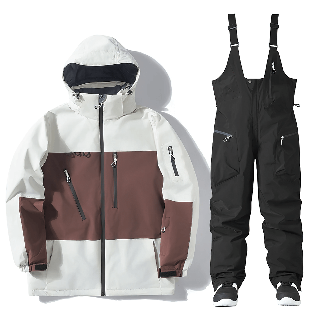 Men's waterproof windproof snowboard jacket and pants set SF2555 with adjustable hood, ideal for skiing and snowboarding.