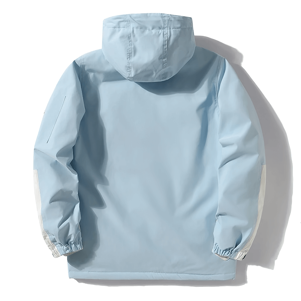 Back view of light blue waterproof and windproof snowboard jacket with adjustable hood, designed for winter sports and outdoor activities.