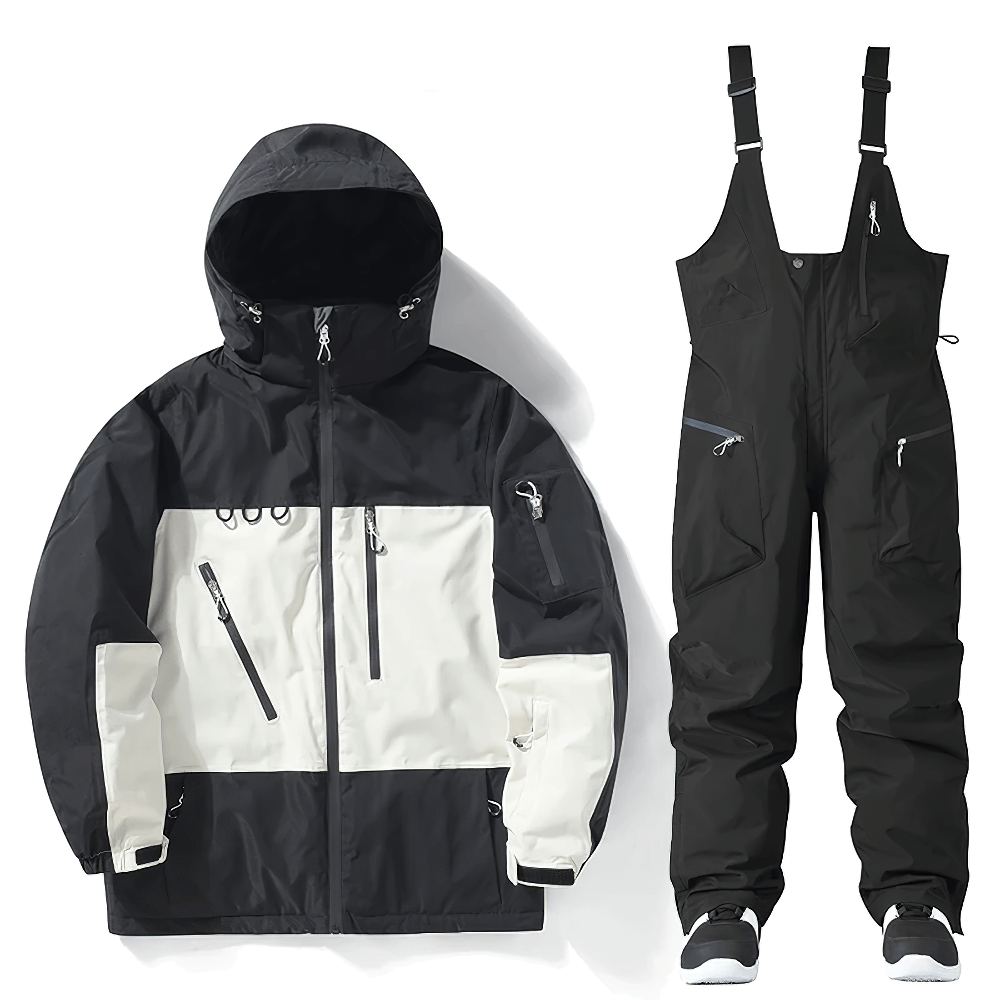 Black and white snowboard jacket and pants set SF2555, waterproof and windproof, ideal for winter skiing and outdoor sports.