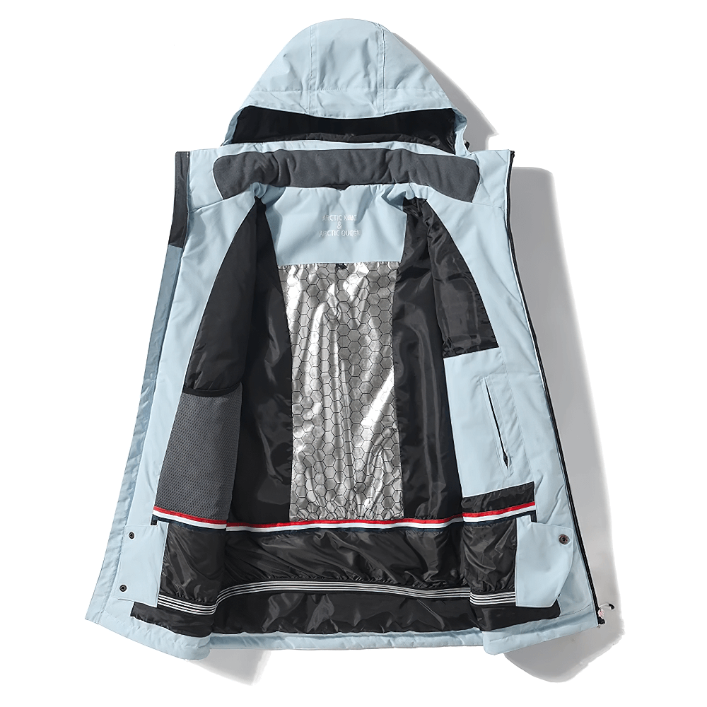 Light blue waterproof snowboard jacket with adjustable hood and zippered pockets, ideal for skiing and outdoor winter sports. SF2555