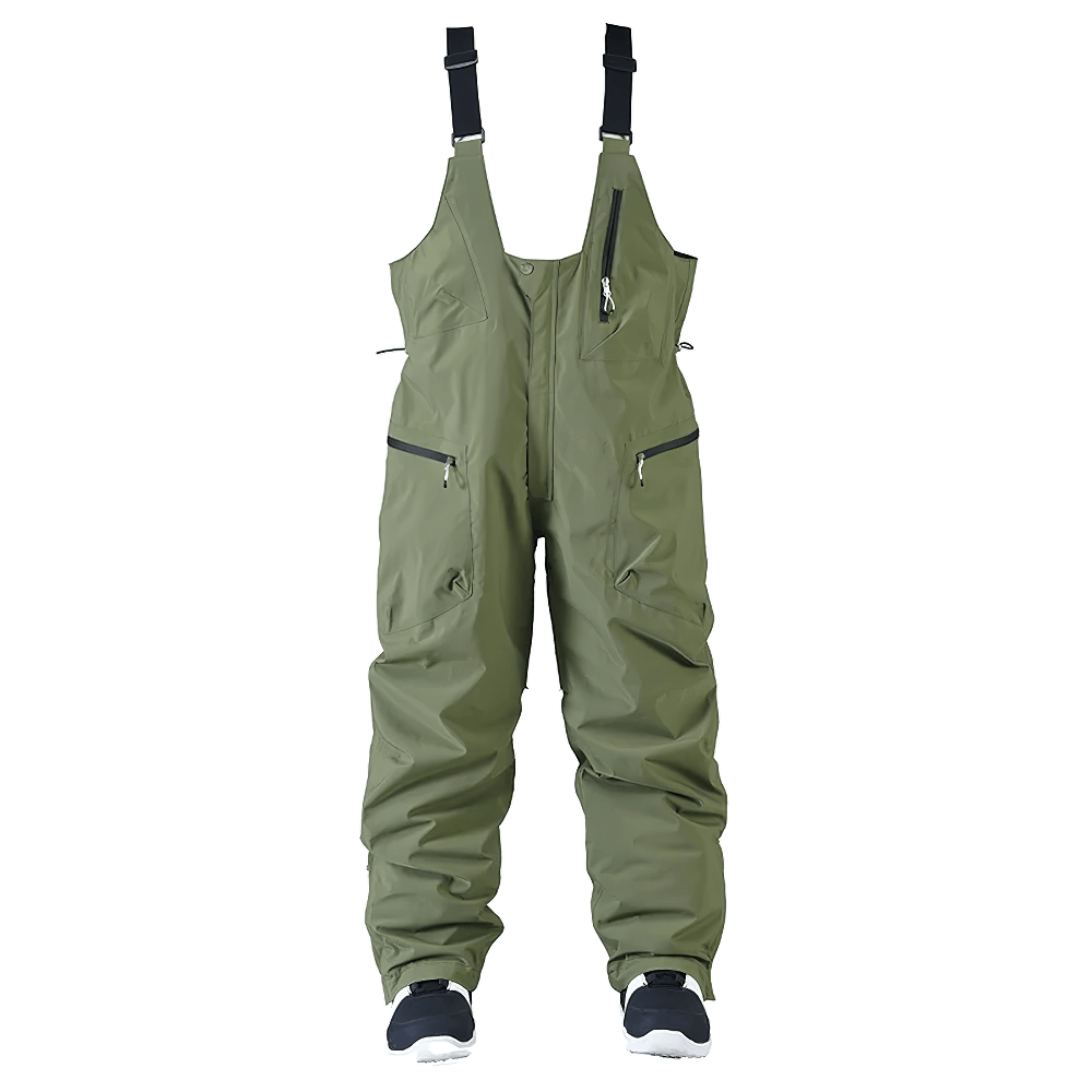 Men's olive green snowboard bib pants with adjustable straps, waterproof and windproof, perfect for skiing and snow sports.