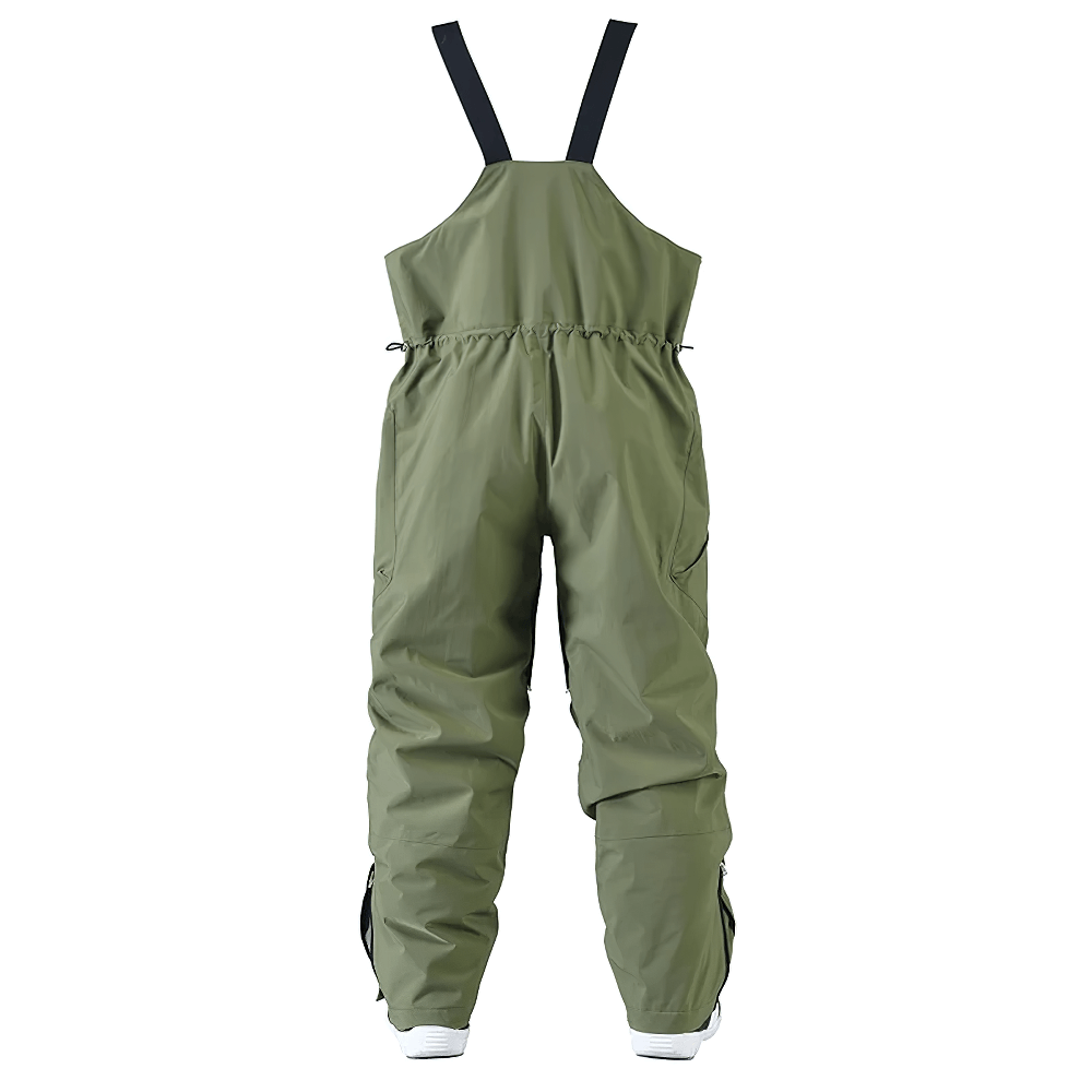 Green waterproof bib pants for snowboarding and skiing, featuring full coverage and flexible design. Perfect for winter outdoor sports.