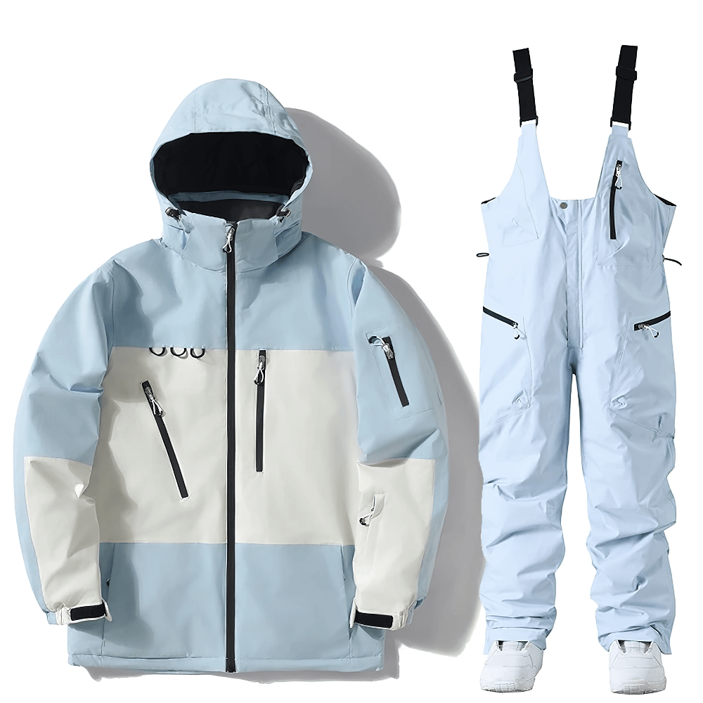 Light blue waterproof snowboard jacket and pants set SF2555, ideal for skiing and outdoor sports, windproof with adjustable hood and pockets.