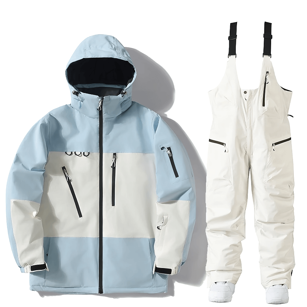 Light blue snowboard jacket and white bib pants set, waterproof and windproof, designed for skiing and snow sports.