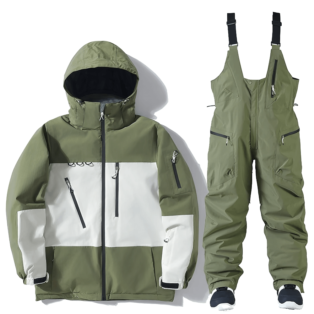 Men's waterproof snowboard jacket and bib pants set in green, ideal for skiing and outdoor winter sports, featuring multiple zippered pockets.