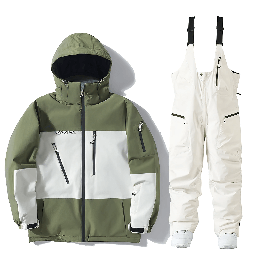 Men's snowboard jacket and pants set SF2555, waterproof and windproof, ideal for ski and snow sports, features adjustable hood and bib pants.