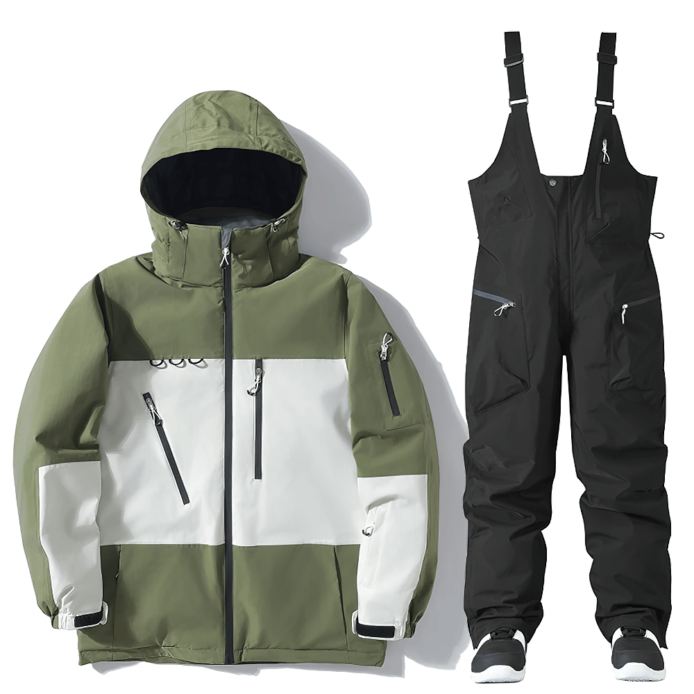 Men's waterproof snowboard jacket and bib pants set in green and black for winter sports, windproof with multiple pockets.