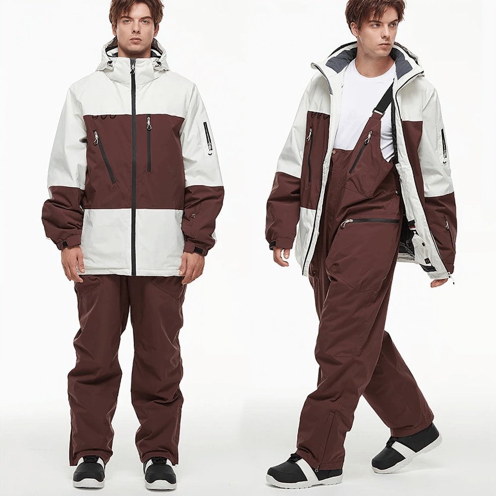 Men's waterproof snowboard jacket and pants set SF2555 for winter sports, featuring zippered pockets and adjustable hood.