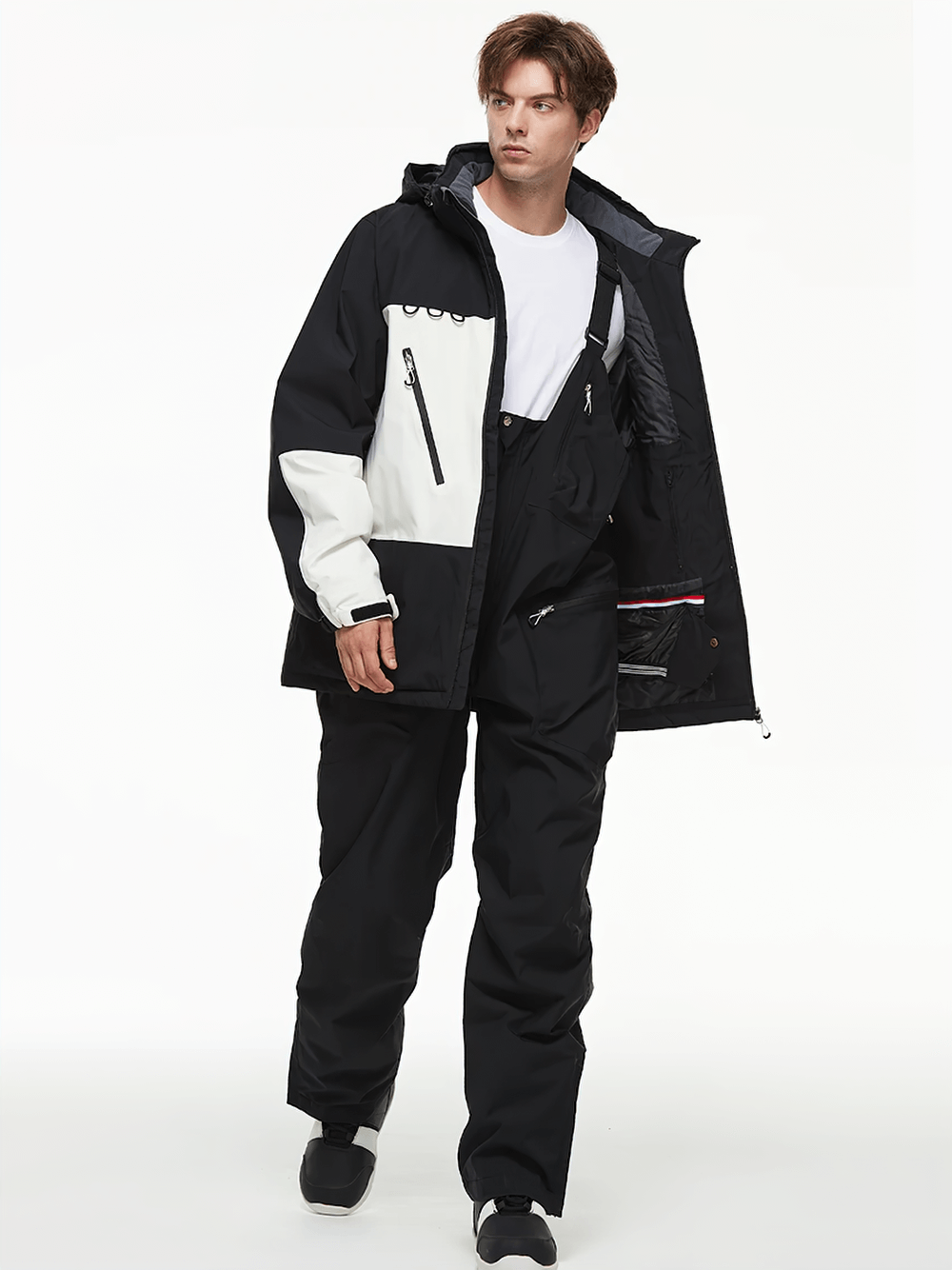 Stylish black and white men’s snowboard jacket and bib pants set - SF2555. Waterproof and windproof, perfect for skiing or snowboarding.