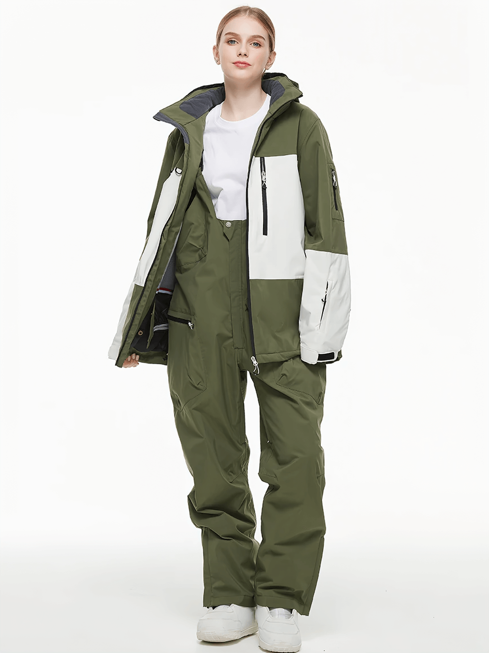 Winter snowboard jacket and pants set, SF2555, in olive green and white, designed for outdoor sports with windproof, waterproof material.