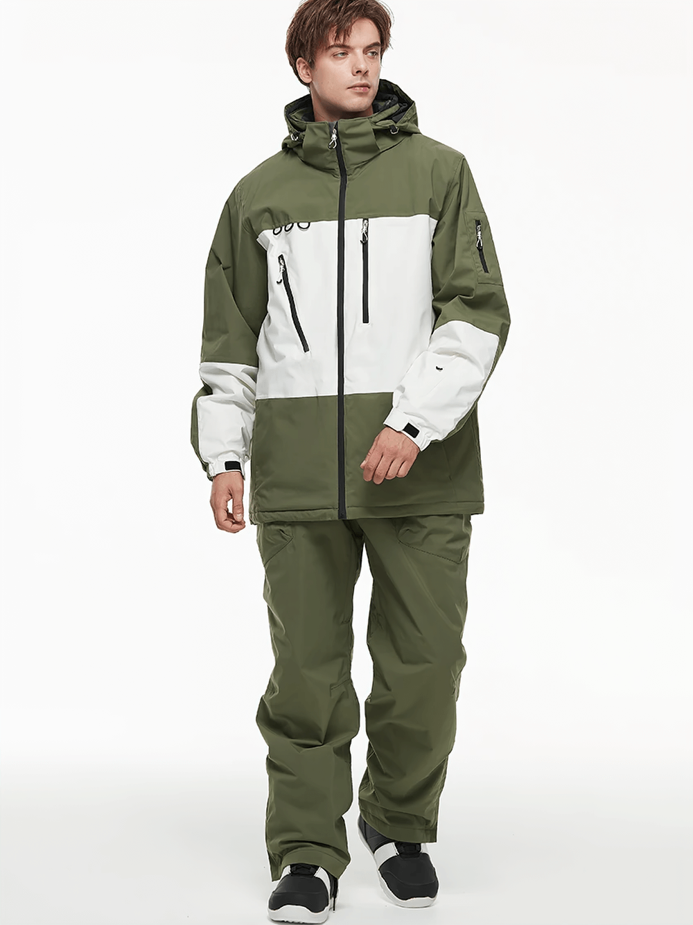 Men's snowboard jacket and pants set in green and white, featuring waterproof and windproof materials. Ideal for skiing and snowboarding.