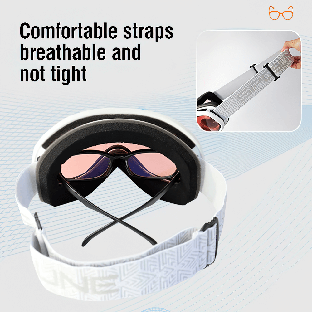 Breathable ski goggles with adjustable straps, showcasing anti-fog multi-color lenses for UV protection and comfort on the slopes.