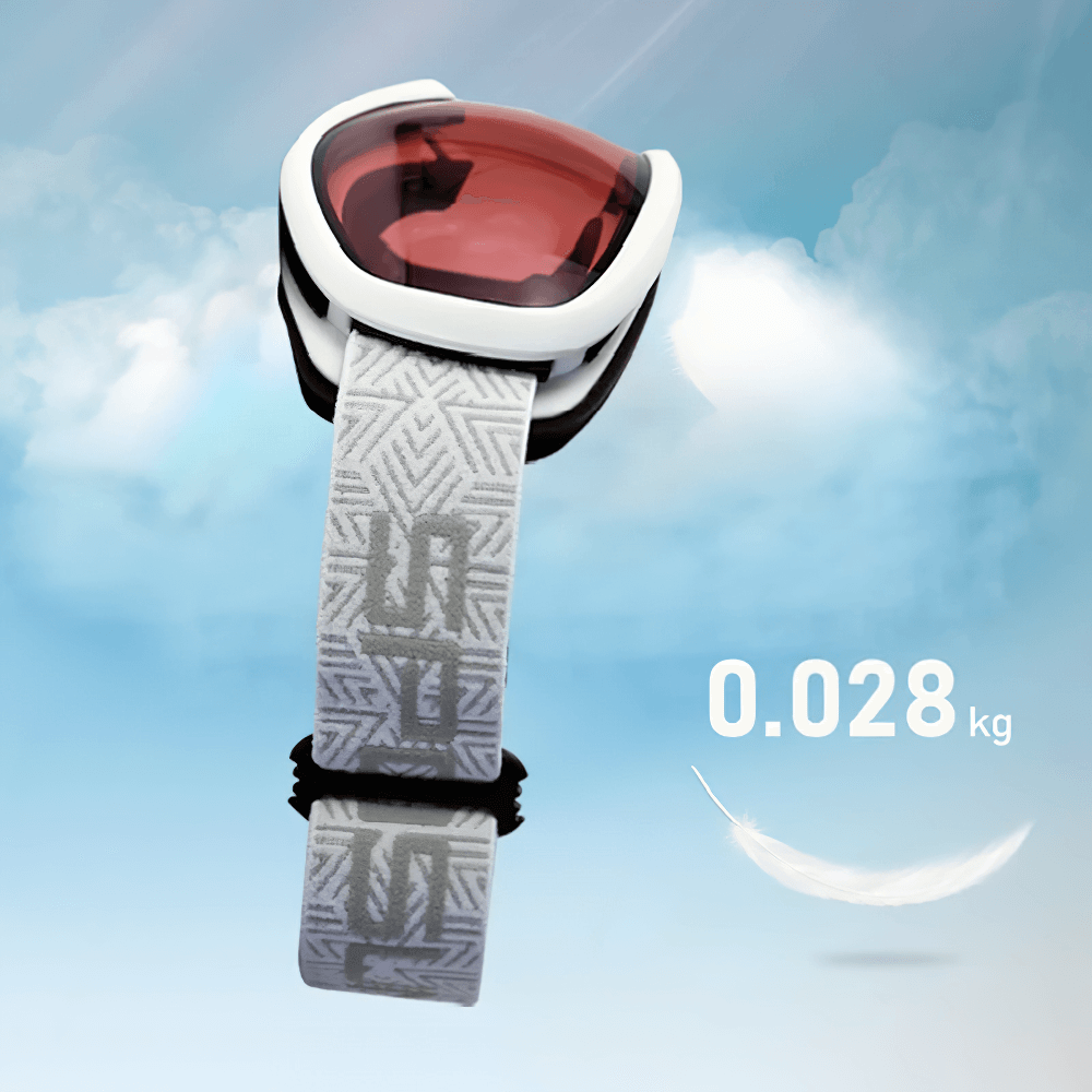 Lightweight pink-lensed snowboarding goggles with feather graphic and weight, ideal for UV protection and visibility.