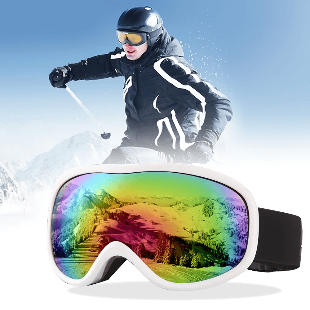 Alt Tag: Snowboarding with anti-fog UV protection ski goggles, multi-color lenses, durable polycarbonate, ideal for the slopes.