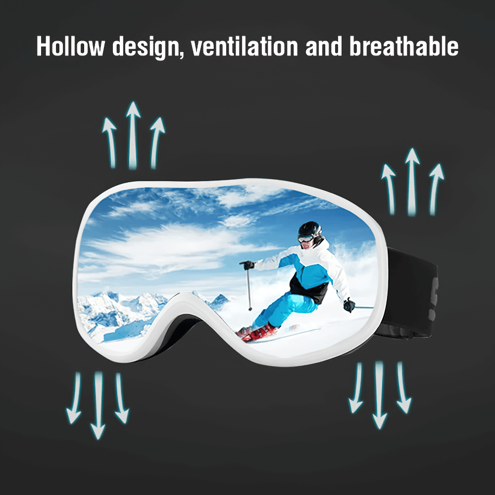 Dynamic snowboarding eyewear featuring multi-color UV lenses and a sleek design, showcasing a skier against a snowy mountain backdrop.