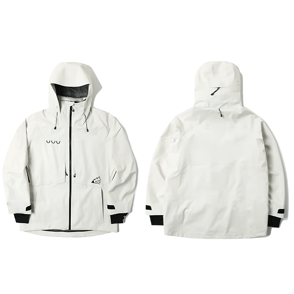 White windproof snowboarding jacket with hood, taped seams, and pockets for winter sports enthusiasts.