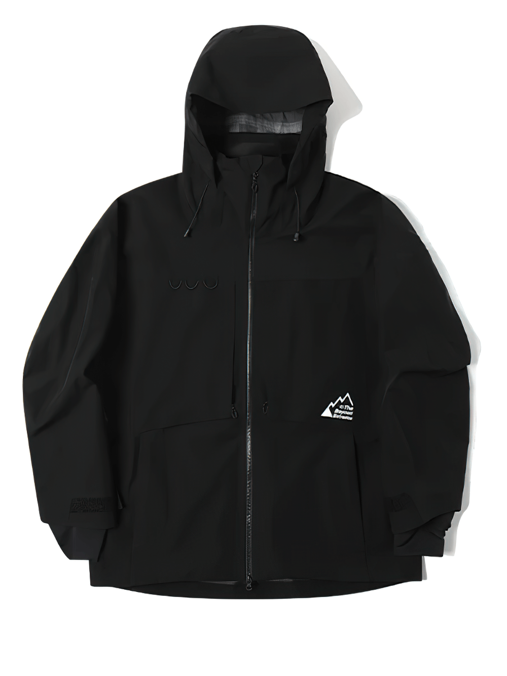 Snowboarding jacket with taped seams, waterproof pockets, and hood in black color for winter outdoor sports.