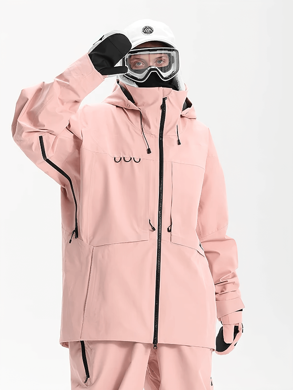 Snowboarding jacket with taped seams, waterproof pockets, and mesh lining in pink, designed for wind and snow protection on the slopes.