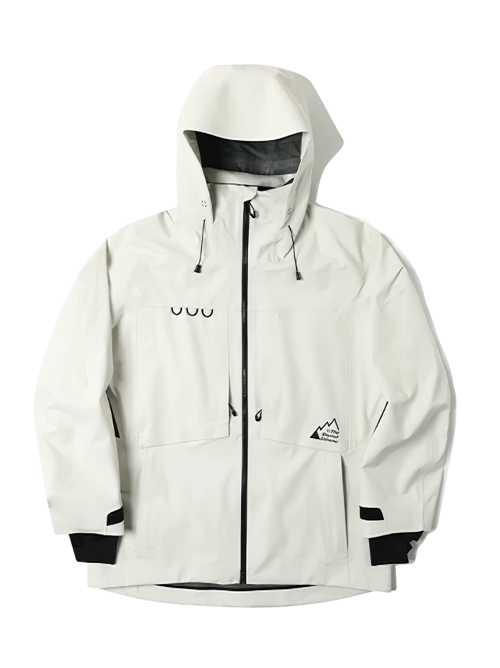 White snowboarding jacket with hood, featuring taped seams and hidden pockets for windproof protection.