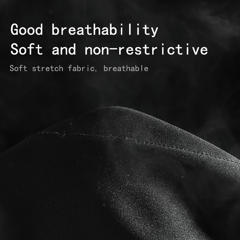 Close-up of black breathable fabric showcasing its soft and stretchy qualities, with text highlighting good breathability and comfort.
