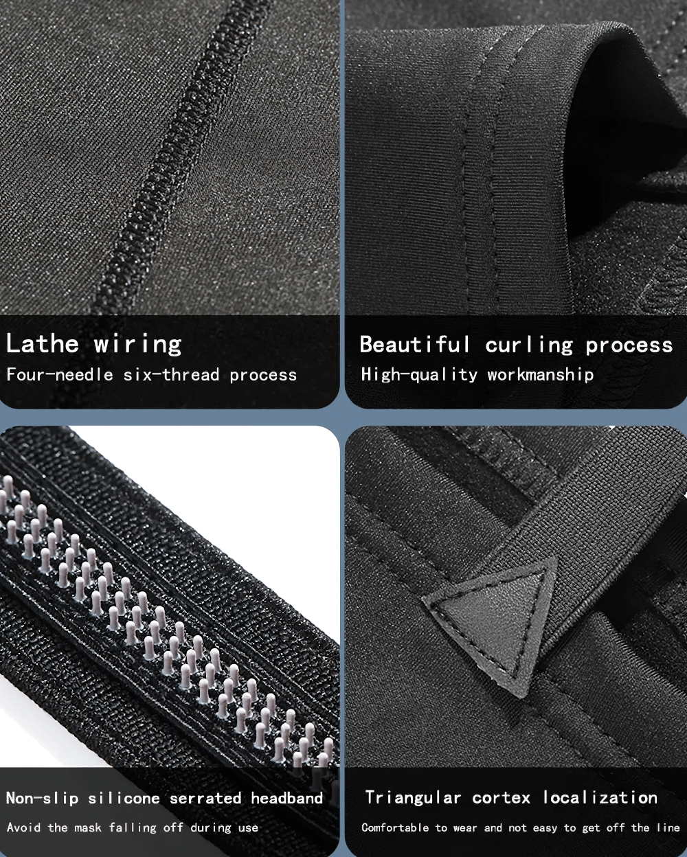 Close-up features of Snowproof Thermal Face and Neck Guard, showcasing stitching, curling, serrated headband, and triangular cortex details.