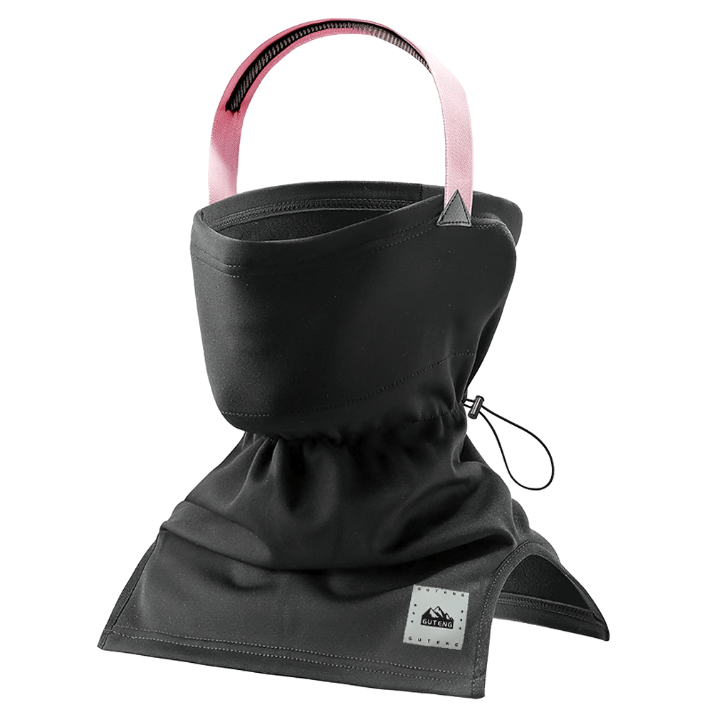 Snowproof thermal face and neck guard in black with pink strap, adjustable for skiing and outdoor winter sports - SF2491.