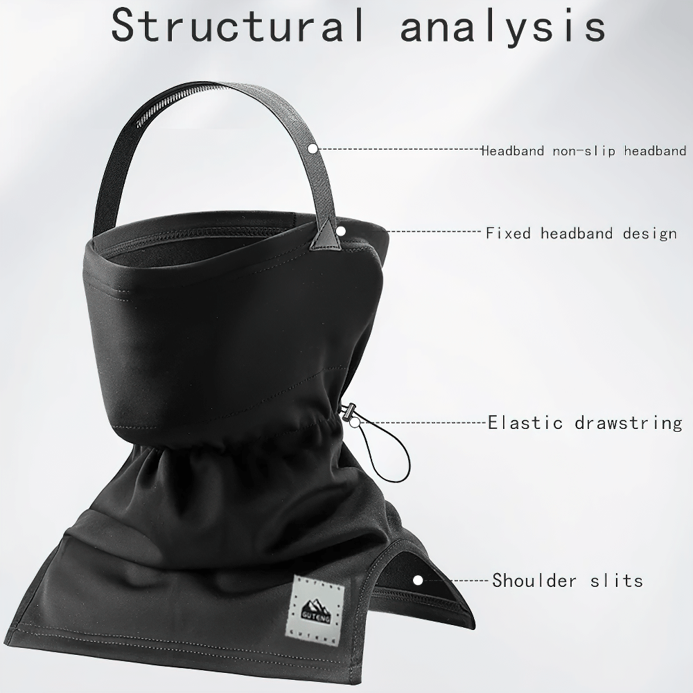 Snowproof Thermal Face and Neck Guard with elastic drawstring and shoulder slits for skiing. Features structural analysis details.