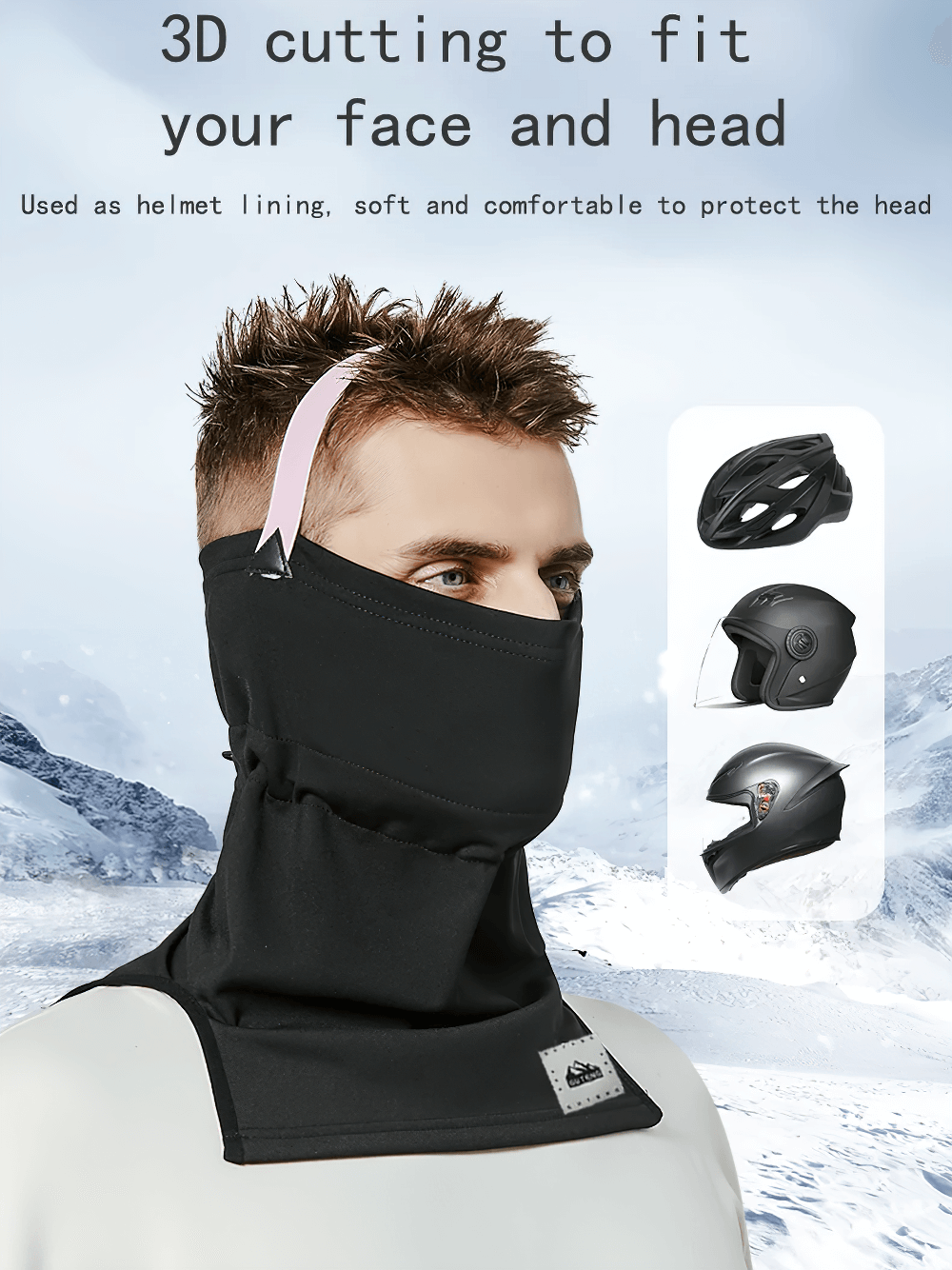 Man wearing snowproof thermal face and neck guard with helmet lining, featuring 3D cutting for a secure and comfortable fit.