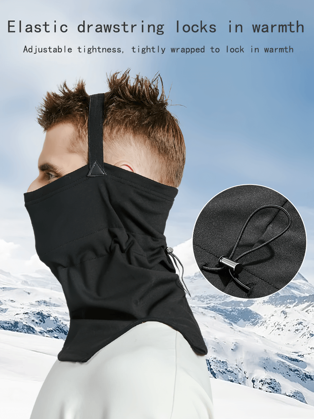 Snowproof thermal face and neck guard with elastic drawstring, ideal for skiing and snowboarding in windy winter conditions.