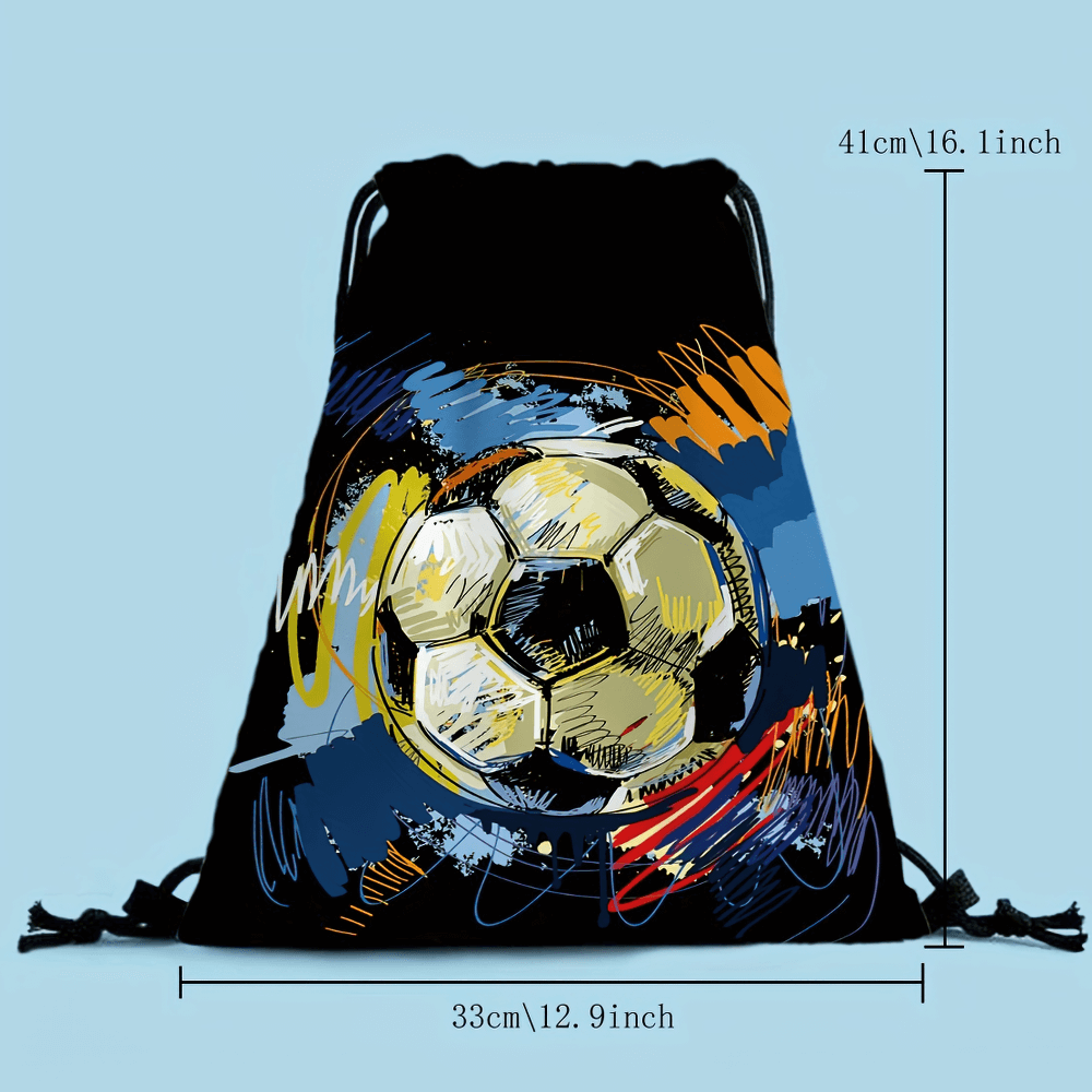 Soccer print drawstring backpack SF2648, 16-inch by 12.9-inch, featuring a vibrant soccer ball design with adjustable straps.