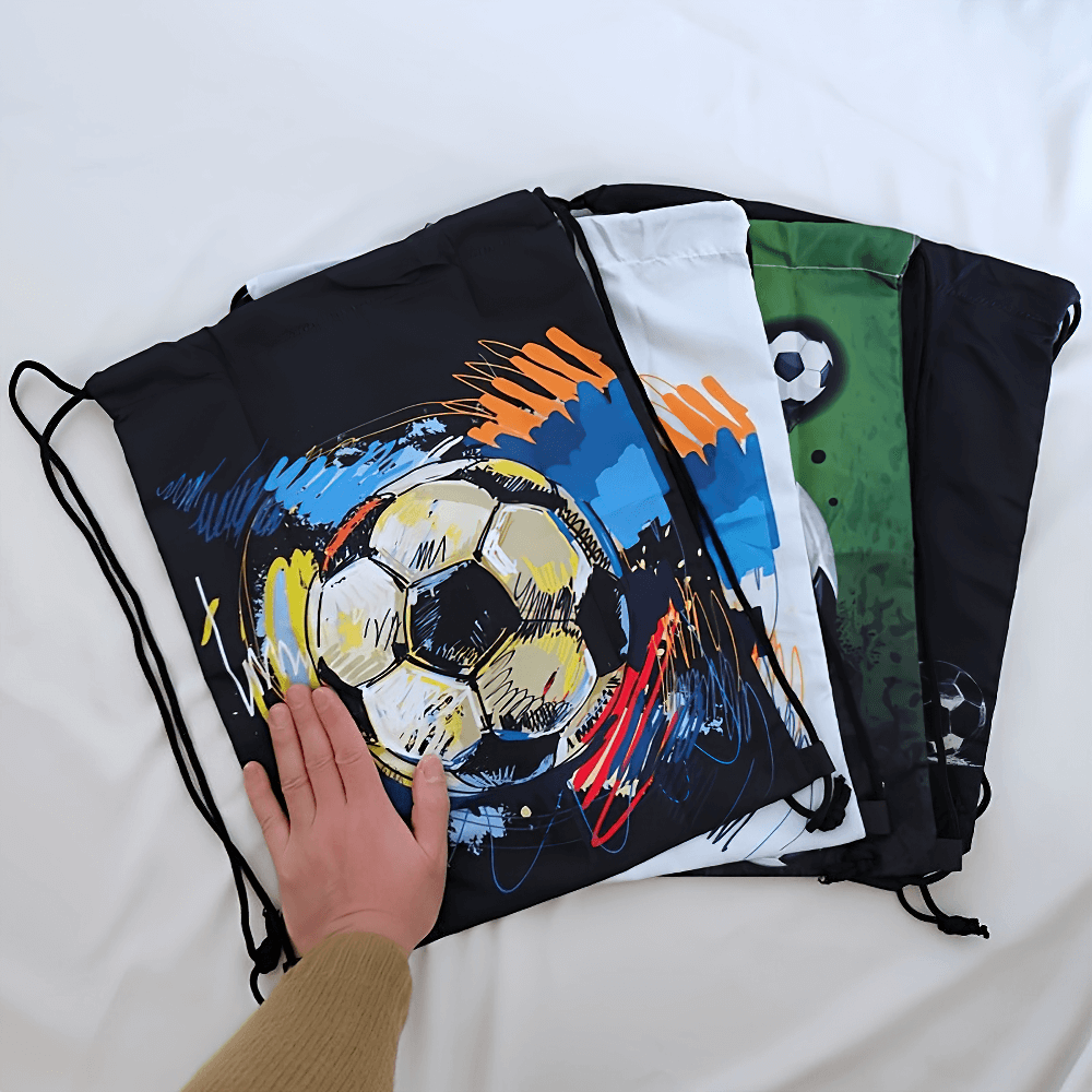 Colorful soccer print drawstring backpacks with hand, lightweight polyester gym bags ideal for sports and travel.