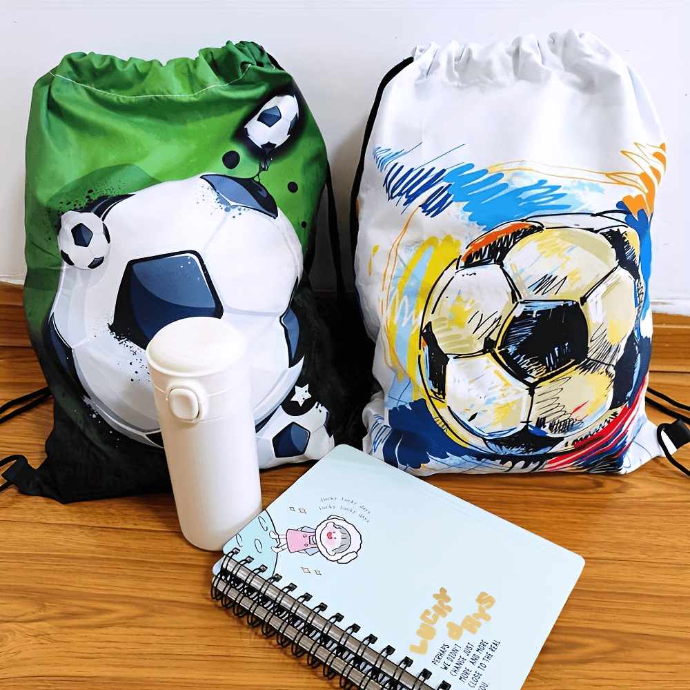 Colorful soccer print drawstring backpacks with notebook and bottle, perfect for school or sports activities.