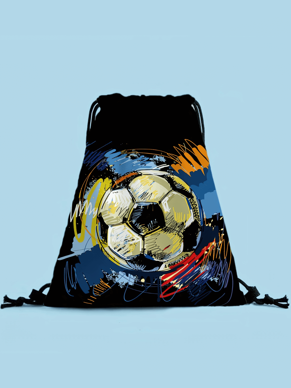 Soccer Print Drawstring Backpack SF2648 with colorful design, lightweight polyester, ideal for sports events and daily use.