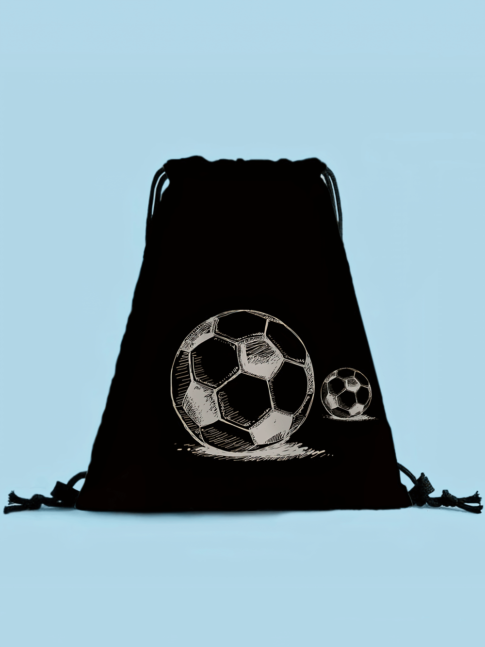 Lightweight soccer ball print drawstring backpack made from durable polyester with adjustable straps. Perfect for students and travel.