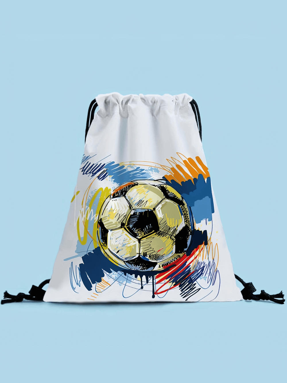 Stylish soccer ball print drawstring backpack in white polyester with colorful design - perfect for sports and daily use.