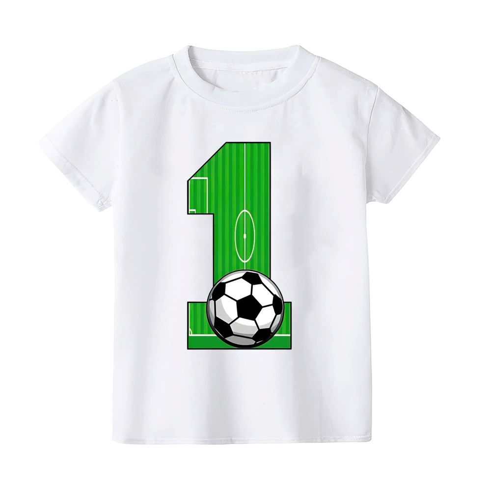 Kids white tee with soccer print, number one, and football field design. Ideal for young sports fans. Stylish and breathable summer wear.