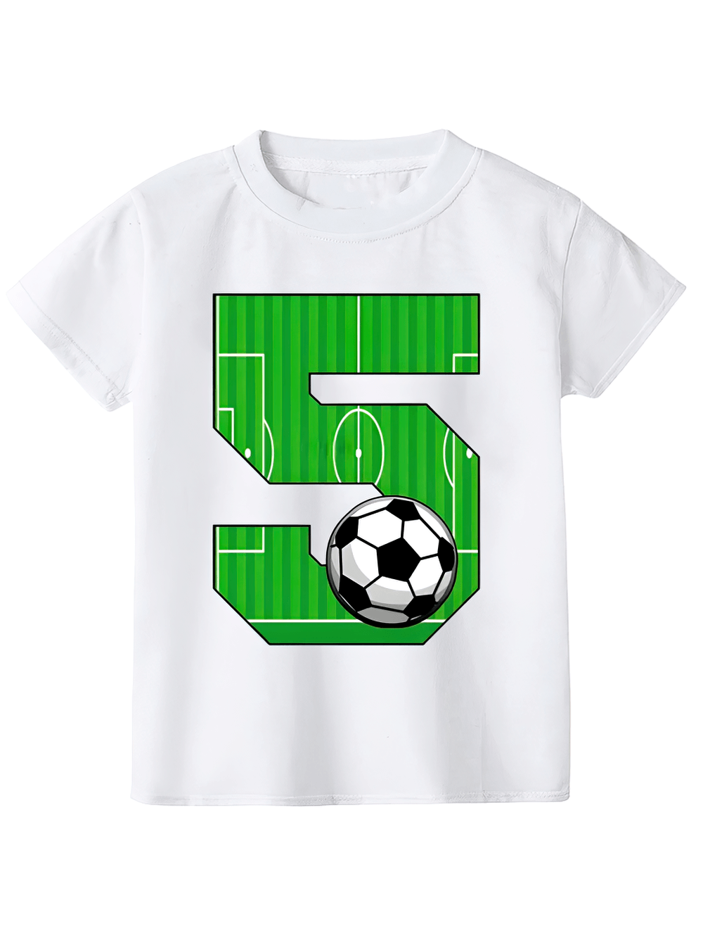 Kids Soccer Tee with Number 5 and Ball Design on White Background