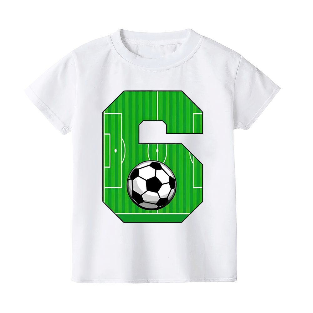 Kids soccer-themed white t-shirt with a bold number 6 and football field design. Perfect for summer sports fun.